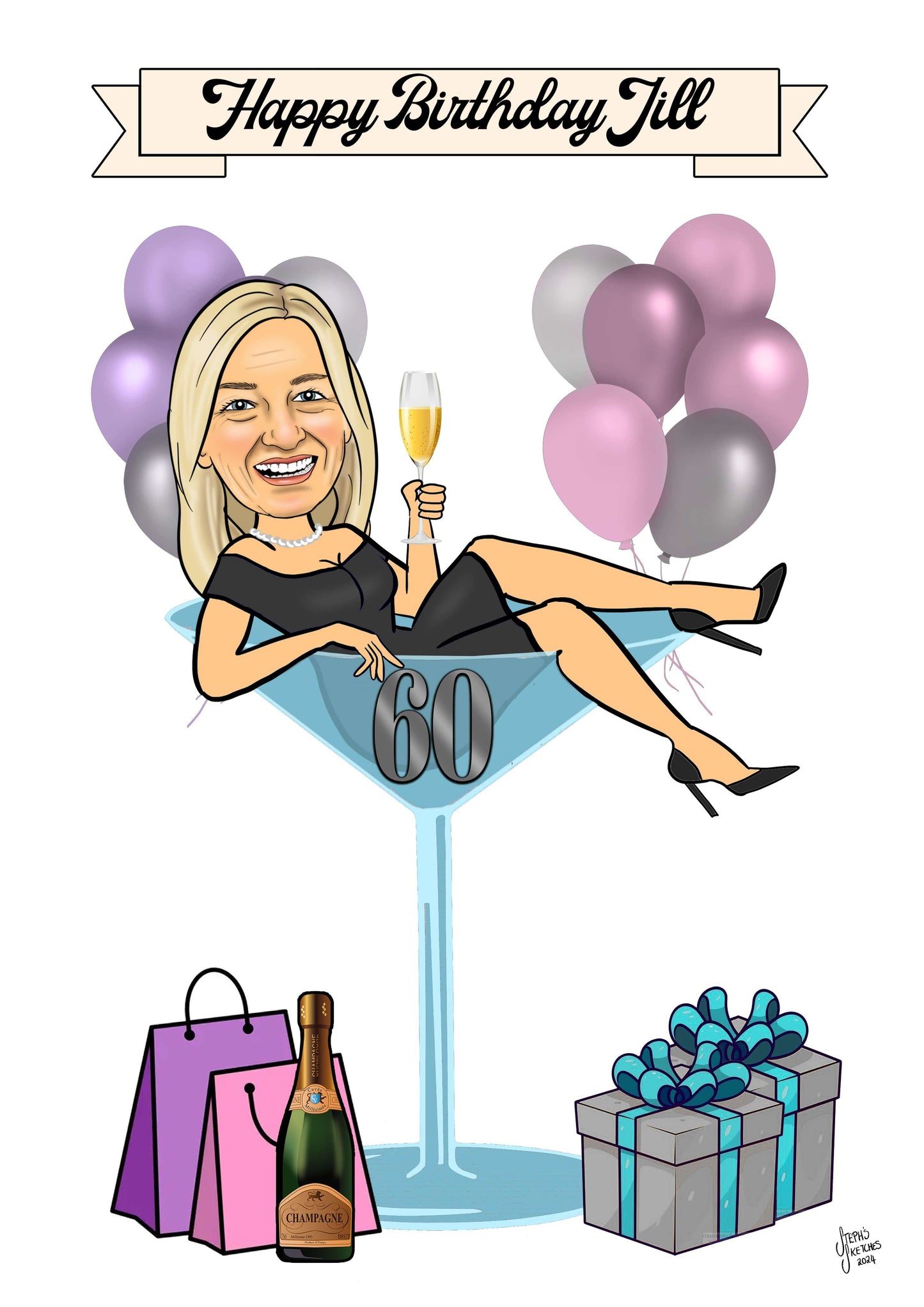 Birthday Caricature Martini Glass